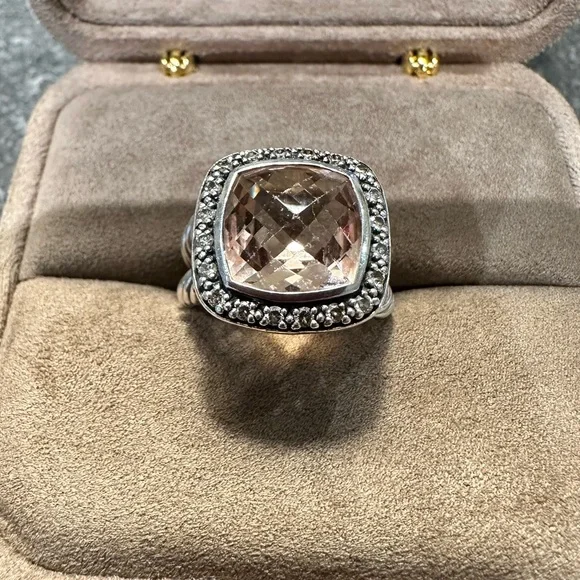 David Yurman Albion 11mm Morganite SS Ring w/Midnight Melange Diamonds - Size 6 - Picture 1 of 9